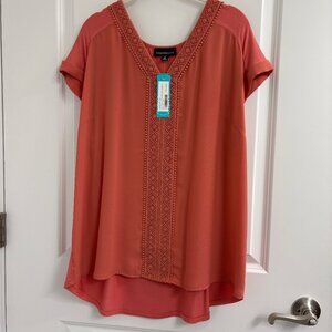 NWT Fortune & Ivy XXL Zora Crochet Trim Mixed Material Blouse Dark Pink Coralish